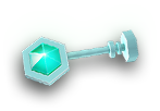 A blue hexagon shaped key with a green gem

Description automatically generated